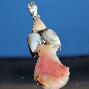 Handmade Pink Opal Pendant with White Agate & Pearl in Sterling Silver